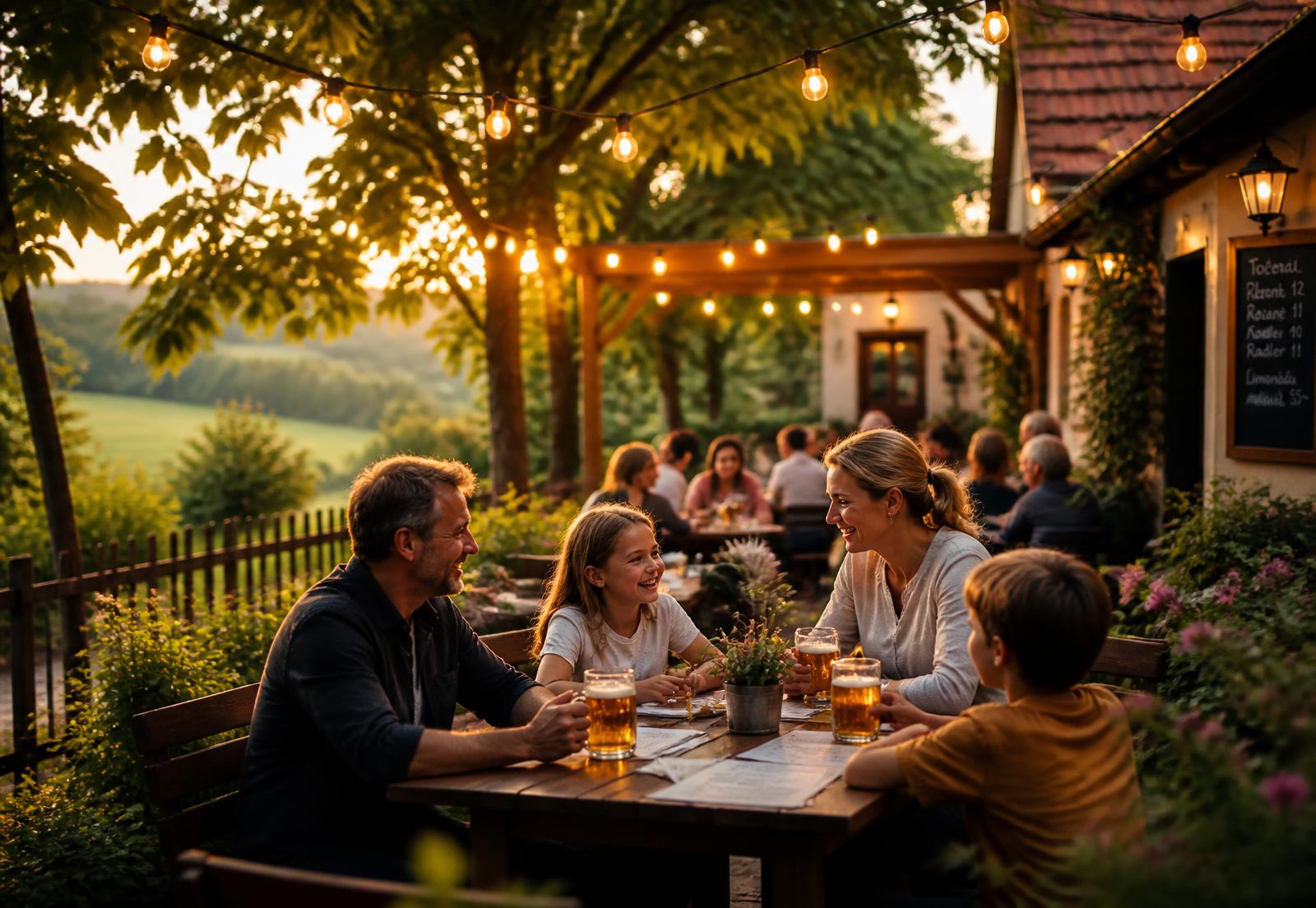 Letní zahrádka Restaurace Brano za soumraku s rozsvícenými světly
