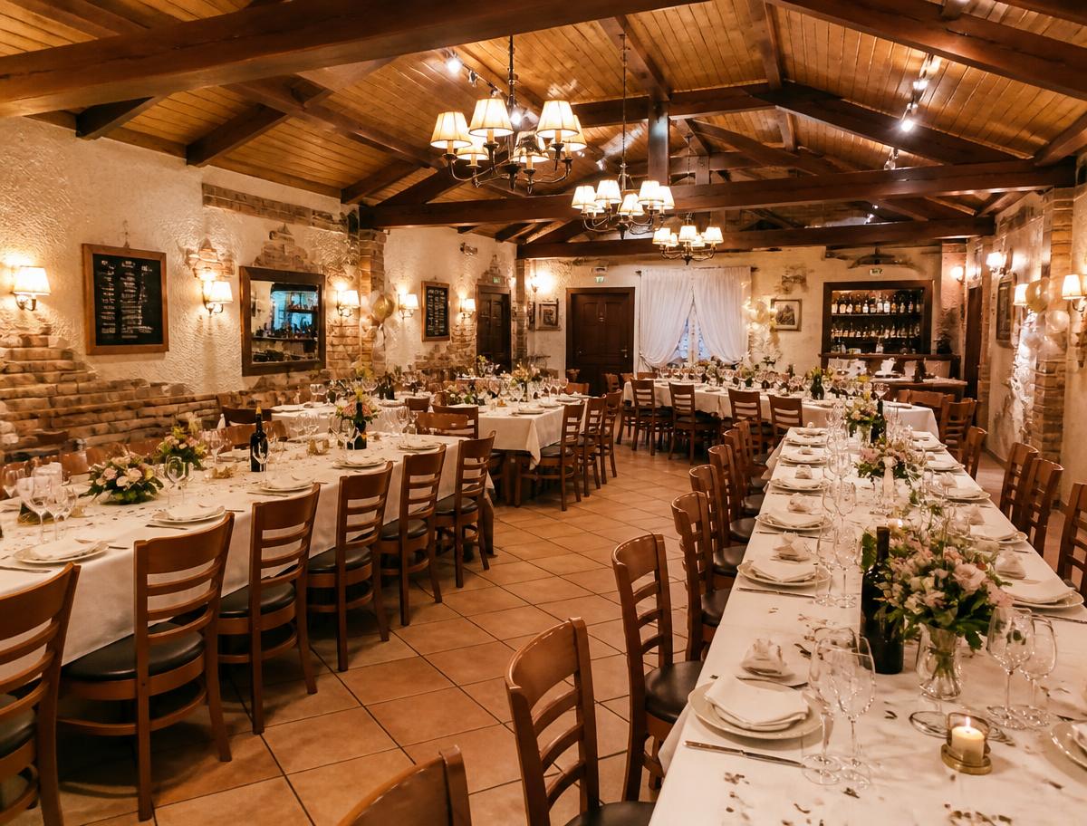 Sál restaurace připravený na oslavu s prostřenými stoly